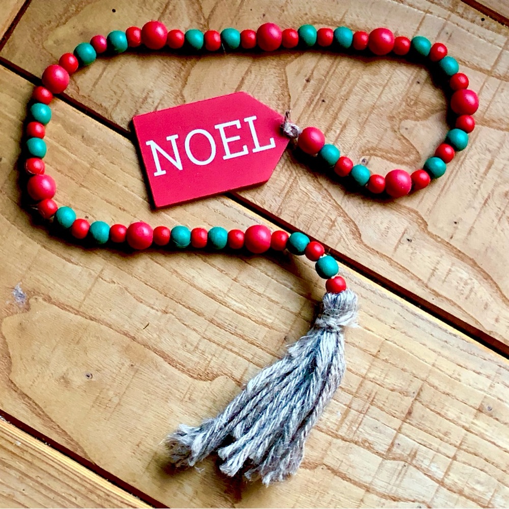 Christmas Noel Red Green Wood Bead Garland Twine Tassel Rustic Farmhouse Decor